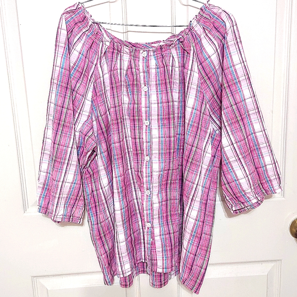 Women's 2X Country Peasant Western Wear Plaid Cotton Button Blouse